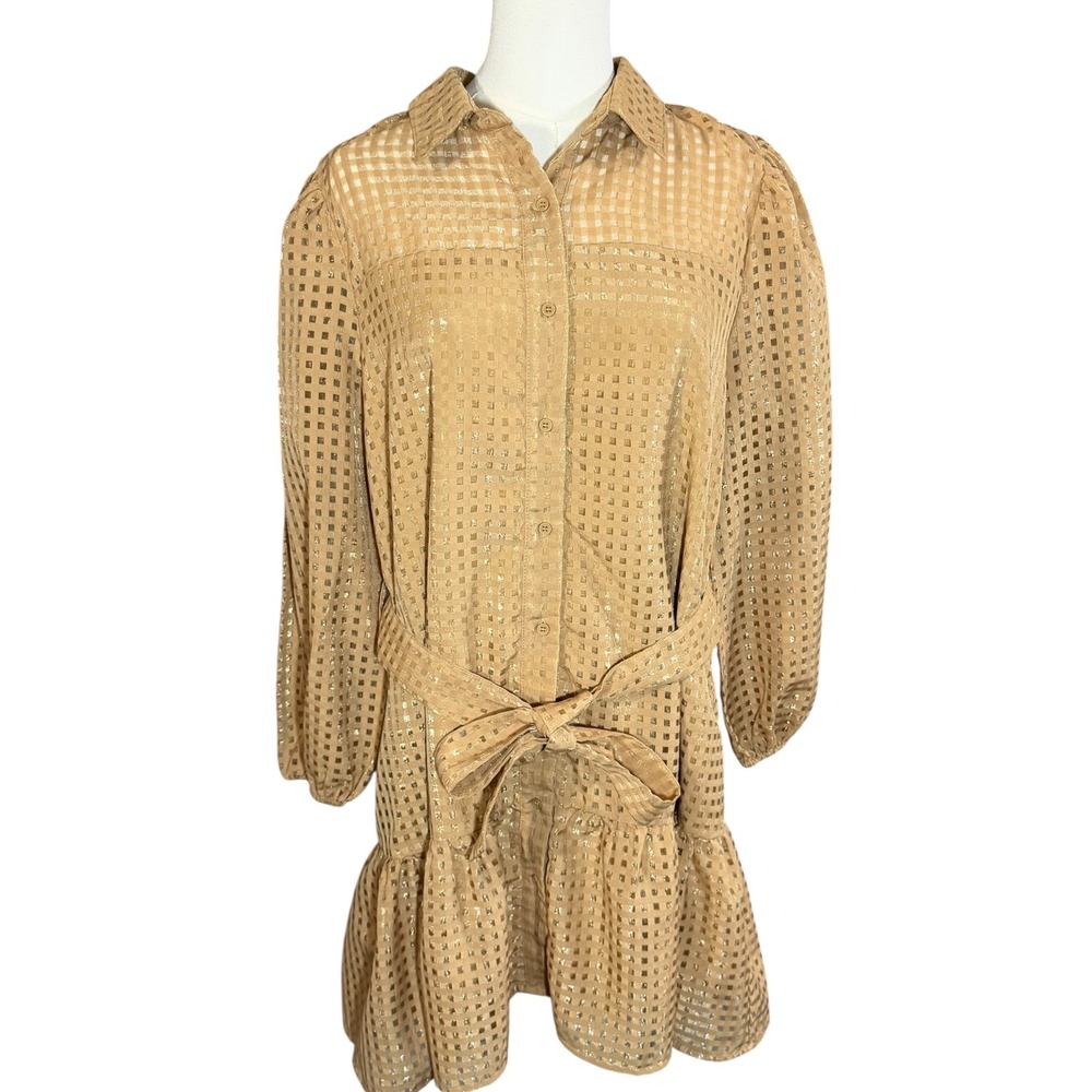 Entro metallic check shirt dress ruffle hem button front M
